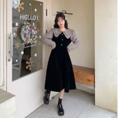 批发捻丝乱麻<b class='q'>格子</b>拼接假两件<b class='q'>连衣裙</b>秋新款法式气质显瘦裙子