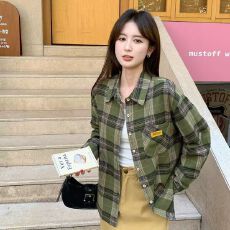 批发2025春女翻领<b class='q'>格子</b>长袖衬衫气质百搭慵懒风韩系森女风时尚高级