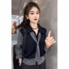 批发大码女装时尚长袖<b class='q'>衬衫女</b>2025秋季新款洋气显瘦<b class='q'>格子</b>拼接假两件上衣