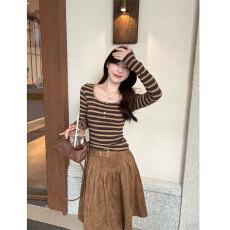 批发羊绒原版面料复古撞色<b class='q'>条纹</b><b class='q'>长袖</b><b class='q'>T</b><b class='q'>恤</b>女秋季新款修身显瘦上衣