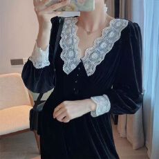 批发大码女装冬季新款丝绒国<b class='q'>风</b>连衣裙显瘦<b class='q'>赫本</b>黑裙长袖外穿公主蕾丝裙