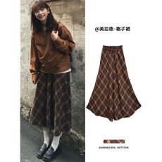 批发美拉德棕色半身裙女秋冬2025新款高腰a字中长款<b class='q'>复古</b>毛呢格子裙