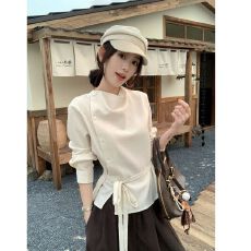 批发原版面料复古不对称荡领斜门襟长袖<b class='q'>衬衫</b>女秋季绑带收腰上衣