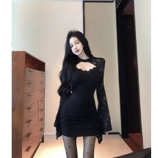 批发纯欲露背蕾丝拼接袖挂脖<b class='q'>连衣裙</b>女秋季<b class='q'>性感</b>镂空辣妹包臀裙洋气短裙