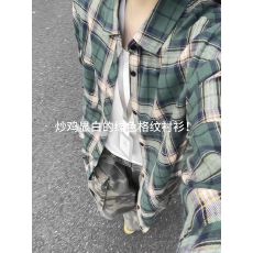 批发原版做法50棉50涤美式绿色<b class='q'>格子</b><b class='q'>衬衫</b>长袖秋慵懒风<b class='q'>衬衣</b>