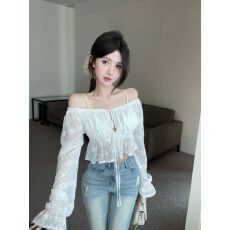 批发法式气质新款设计感短款喇叭袖<b class='q'>蕾丝</b><b class='q'>刺绣</b>灯笼袖V领绑带防晒罩衫女