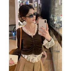 批发上衣女轻奢高级感蕾丝拼接黑色假两件长袖T恤秋新款大码显瘦小衫