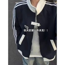 批发【华棉复合】美式三条杠立领<b class='q'>外套</b>男女秋季重磅痞帅棒球服运动夹克