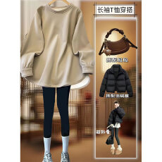 批发卫衣女秋冬<b class='q'>中长款</b>加绒加厚叠穿内搭配鲨鱼<b class='q'>裤</b>的长袖上衣