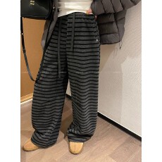 批发原版螺纹条 条纹抽绳高腰直筒休闲裤<b class='q'>女</b>2025秋冬新款宽松阔腿<b class='q'>长裤</b>