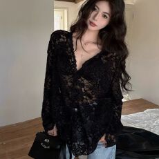 批发长袖蕾丝衫女秋纯欲宽松气质镂空微透上衣外套 跨境