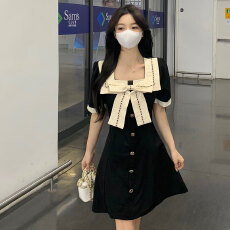 批发小香风内搭高级感短袖方领法式富家黑色连衣裙小个子<b class='q'>夏季</b>新款气质