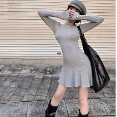 批发荷叶边半高领收腰<b class='q'>连衣裙</b>女秋冬显身材包臀小妈鱼尾裙打底内搭裙子