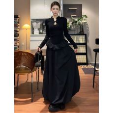 批发新中式立领盘扣长袖连衣<b class='q'>裙</b>女秋季新款收腰显瘦高级感A字<b class='q'>花苞</b>长<b class='q'>裙</b>