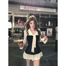 批发大码女装秋季法式miu系巨好看<b class='q'>连衣裙</b>微胖mm收腰假两件<b class='q'>撞色</b>A字短裙