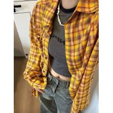 批发复古黄红格纹衬衫女宽松慵懒风翻领<b class='q'>长袖</b>防晒外套早秋薄款上衣