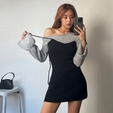 韩国东大门秋冬新款气质假两件斜领露肩拼接修身包臀御姐连衣裙女