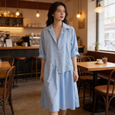 批发蓝色设计感连衣裙春夏女2026新款<b class='q'>轻熟</b>风宽松休闲简约中长款衬衫裙