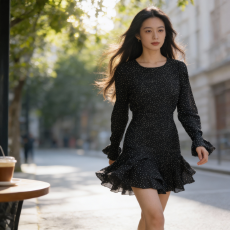 批发春秋法式独特漂亮荷叶边掐腰<b class='q'>连衣裙</b>女喇叭袖<b class='q'>波点</b>黑色长裙2026新款