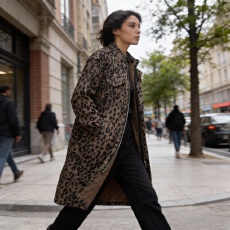 批发<b class='q'>韩国</b>春秋宽松大码港风bf风豹纹拉链<b class='q'>风衣</b>外套女中长款过膝大衣收腰