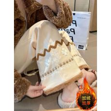 批发加绒款复古撞色毛绒重工刺绣阔腿裤<b class='q'>女</b>秋冬加绒加厚休闲运动<b class='q'>长裤</b>