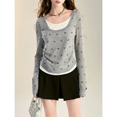 批发纯欲蝴蝶结辣妹假两件罩衫防晒上衣夏季<b class='q'>长袖</b>T恤