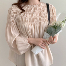 批发韩国chic甜美别致<b class='q'>雪纺衫</b>泡泡袖圆领女式秋季一字领褶皱设计衬衫女