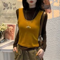 批发德绒假两件 半高领<b class='q'>秋</b>季撞色修身显瘦长袖t恤休闲打底衫