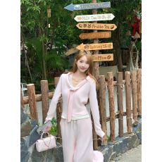 批发原版面料女设计感拼接撞色假两件v领上衣韩系甜美学院风蕾丝长袖