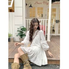 批发韩国chic法式温柔风<b class='q'>流苏</b>系带重工镂空蕾丝花边拼接泡泡袖<b class='q'>连衣裙</b>女