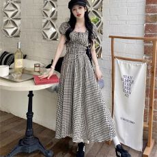 批发韩国chic夏季复古小众设计感高腰显瘦撞色格子<b class='q'>长</b>款连衣裙女A字裙
