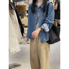 批发 复古港风牛仔衬衫外套女春秋韩系小个子高级感休闲衬衣翻