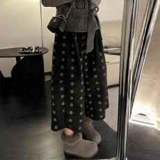 批发冬季时尚高腰复古垂感阔腿裤女韩版百搭花朵宽松八分裤休闲裤卫裤