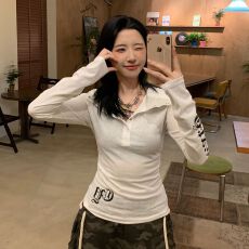 批发雪花棉 美式风辣妹连帽小众印花长袖T恤女秋季新款百搭罩衫上衣