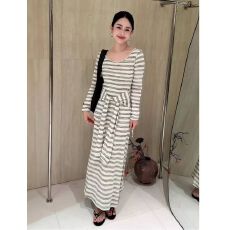 批发韩系早秋<b class='q'>条纹</b>连衣裙女学院风修身<b class='q'>长裙</b>极简风冬季内搭修身打底裙子