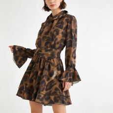 批发美式复古豹纹v领喇叭长袖<b class='q'>连衣裙</b>女春季2026新款<b class='q'>雪纺</b>收腰显瘦短裙