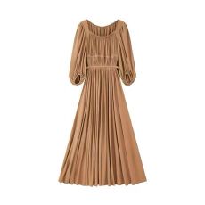 批发温柔气质风七分袖连衣裙女装秋季新款设计感镂空修身开叉A字长裙