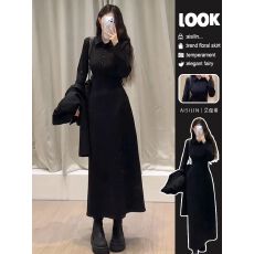 批发法式气质黑色长袖衬衫连衣裙女高级感御姐修身显瘦打底包臀长<b class='q'>裙子</b>