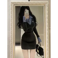 批发学院风格子拼接假两件长袖连衣裙女秋冬收腰<b class='q'>显瘦</b>纯欲辣妹包臀短裙