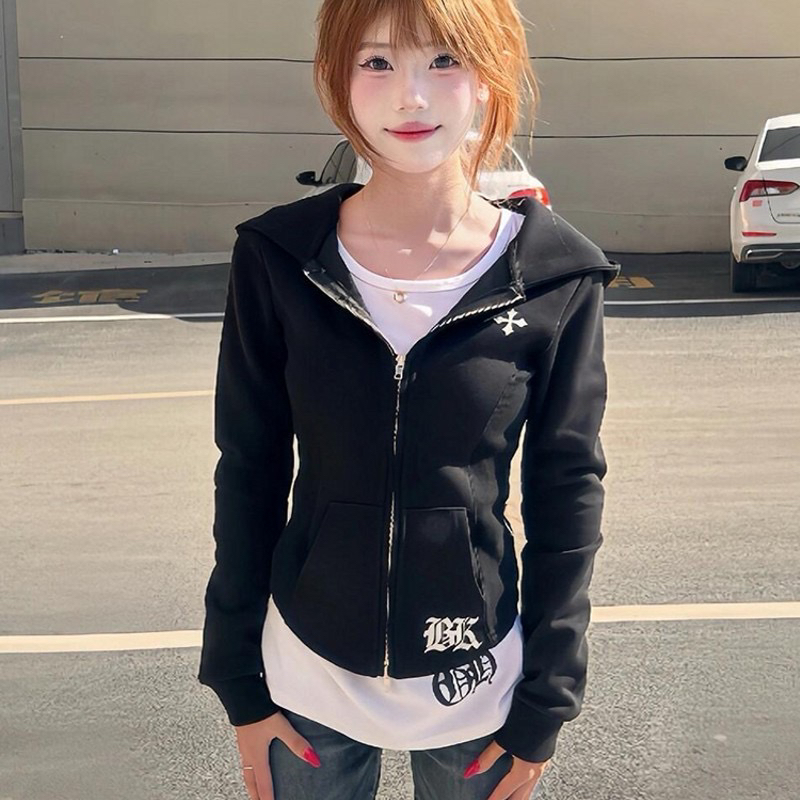 후아 면 복합 한 스타일 핫걸 십자가 프린트 후드 지퍼 긴팔 맨위