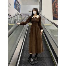 批发<b class='q'>大码</b>微胖mm撞色灯芯绒收腰显瘦遮肉<b class='q'>连衣裙</b>女秋季翻领别致复古裙子