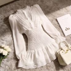 批发秋季荷叶边长袖雪纺衬衫连衣裙夏季褶皱气质高级感<b class='q'>收腰</b>仙女短裙子