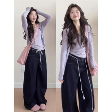 批发随心裁<b class='q'>莫代尔</b>260克1*1紫色<b class='q'>开衫</b>长袖t恤女学院风吊带背心两件套