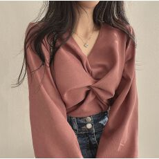 批发韩国chic秋季法式<b class='q'>气质</b>褶皱V领扭结设计宽松休闲纯色长袖<b class='q'>衬衫</b>上衣