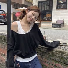 批发大码<b class='q'>休闲</b>美式露肩百搭套头卫衣女早秋新款宽松显瘦气质外穿两件套