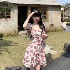 批发欧美风方领显瘦褶皱韩版少女减龄<b class='q'>宽松</b>高腰复古小个子街拍<b class='q'>连衣裙</b>