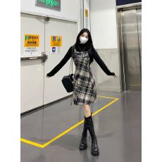 批发格子叠穿吊带连衣裙女2026年新款秋冬大码胖mm内搭打底上衣两件套