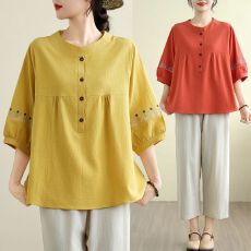 批发胖妈妈大码女装民族风棉麻上衣女开扣圆领宽松衬衫女春夏中老年衫