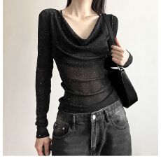 批发原版面料 独特别致<b class='q'>亮片</b>长袖女设计感时尚微透修身显瘦辣妹上衣潮