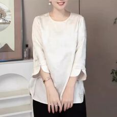 批发国风新中式宽松显瘦圆领上衣女<b class='q'>夏</b>季新款七分袖盘扣提花小衫衬衫